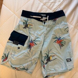 Billabong Men's Tropical Toucan Swim Shorts - Light Blue and Navy
